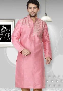 Embroidered Dupion Silk Kurta in Pink