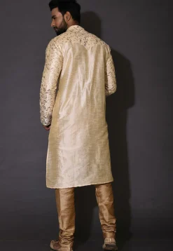 Embroidered Dupion Silk Kurta in Beige