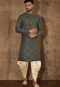 Embroidered Dupion Silk Kurta Set in Dark Green