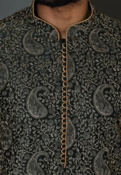 Embroidered Dupion Silk Kurta Set in Dark Green