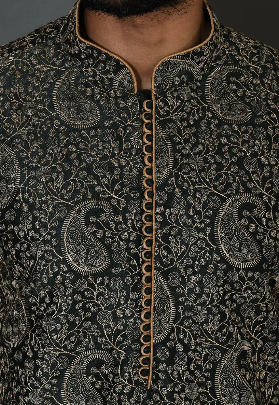 Embroidered Dupion Silk Kurta Set in Dark Green