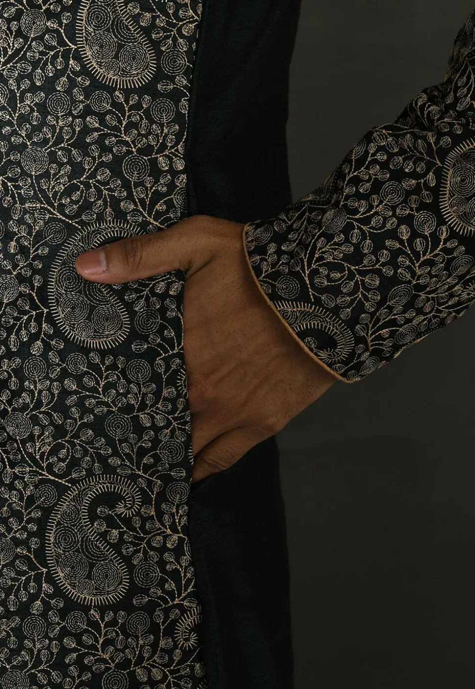 Embroidered Dupion Silk Kurta Set in Dark Green