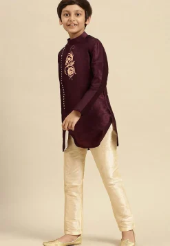 Embroidered Dupion Silk Kurta in Wine
