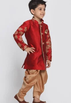 Embroidered Dupion Silk Kurta Set in Maroon