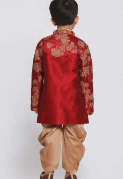 Embroidered Dupion Silk Kurta Set in Maroon