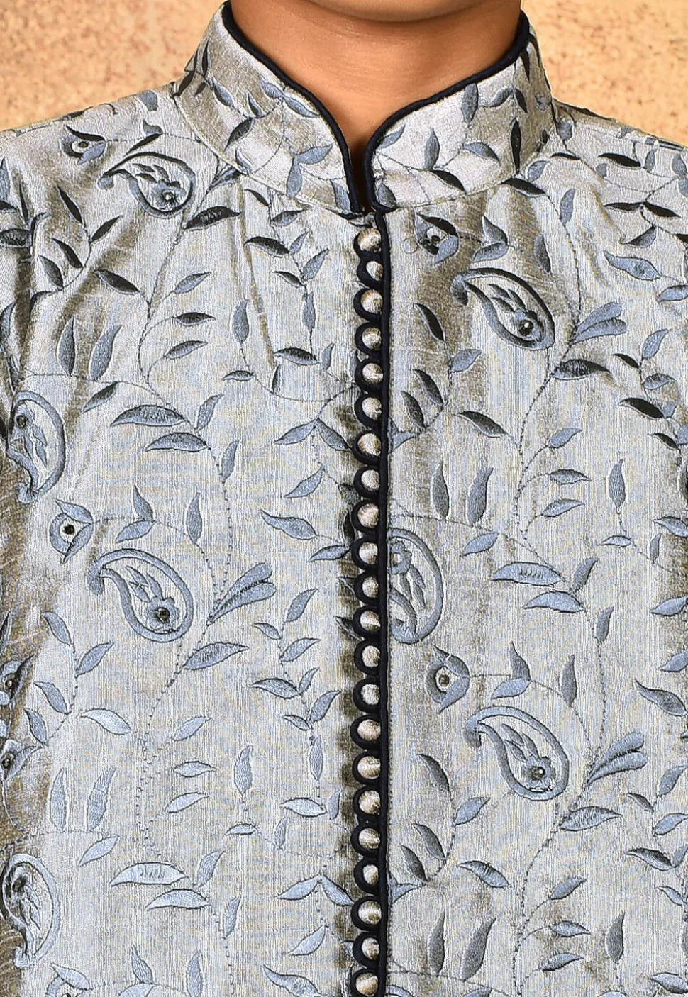 Embroidered Dupion Silk Kurta in Grey