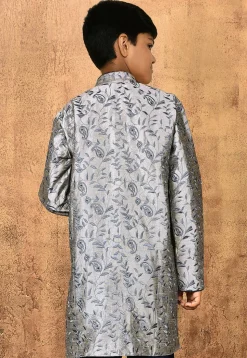 Embroidered Dupion Silk Kurta in Grey