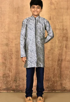 Embroidered Dupion Silk Kurta in Grey