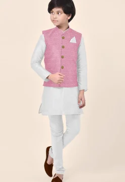 Embroidered Dupion Silk Kurta Set in White