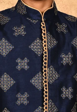 Embroidered Dupion Silk Kurta Set in Navy Blue