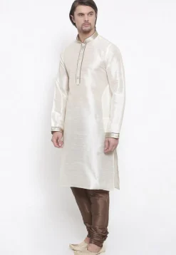 Embroidered Dupion Silk Kurta Set in White