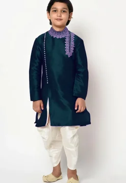Embroidered Dupion Silk Kurta Set in Dark Teal Blue