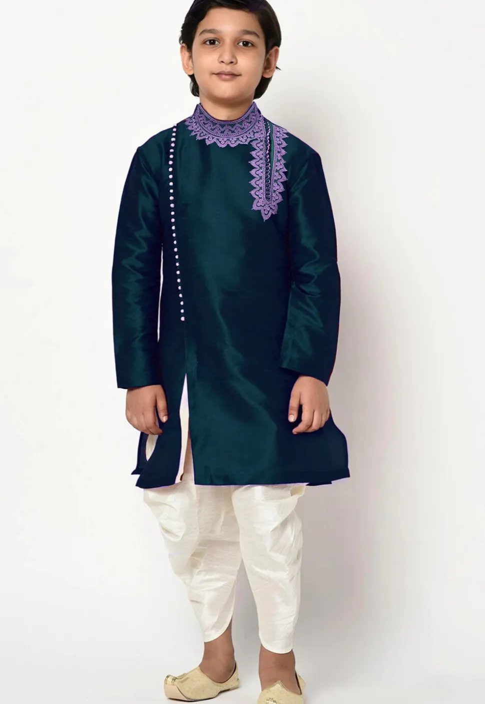 Embroidered Dupion Silk Kurta Set in Dark Teal Blue