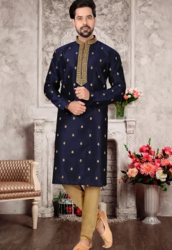 Embroidered Dupion Silk Kurta Set in Navy Blue