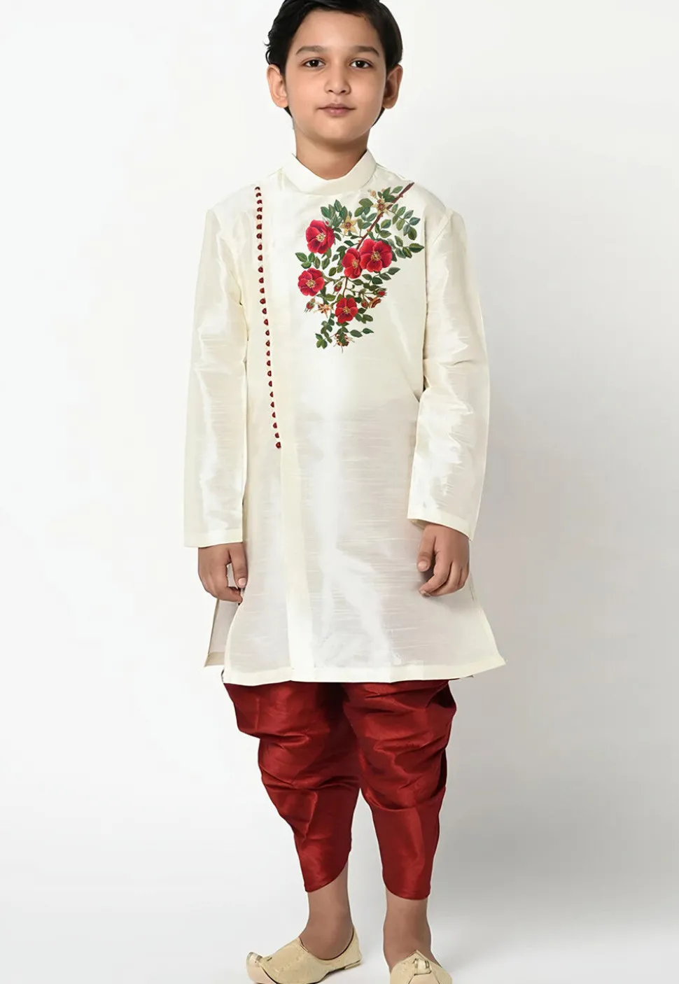 Embroidered Dupion Silk Kurta Set in Cream