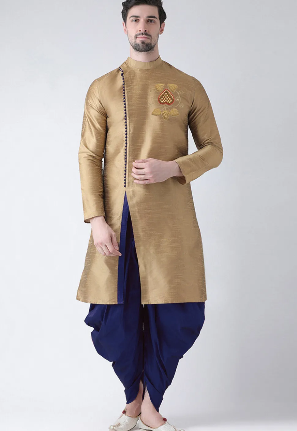 Embroidered Dupion Silk Kurta Set in Beige
