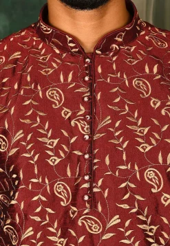 Embroidered Dupion Silk Kurta Set in Maroon