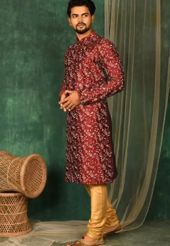 Embroidered Dupion Silk Kurta Set in Maroon