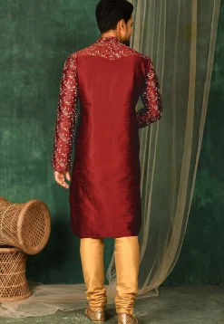 Embroidered Dupion Silk Kurta Set in Maroon