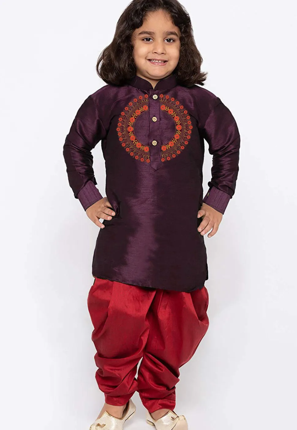 Embroidered Dupion Silk Kurta Set in Violet