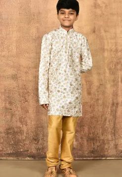 Embroidered Dupion Silk Kurta Set in Cream
