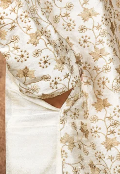 Embroidered Dupion Silk Kurta Set in Cream