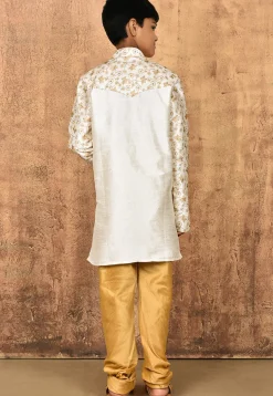 Embroidered Dupion Silk Kurta Set in Cream