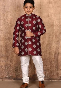Embroidered Dupion Silk Kurta Set in Maroon