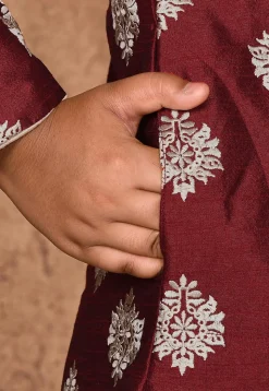 Embroidered Dupion Silk Kurta Set in Maroon