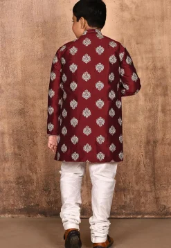 Embroidered Dupion Silk Kurta Set in Maroon