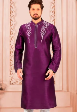 Embroidered Dupion Silk Kurta in Violet