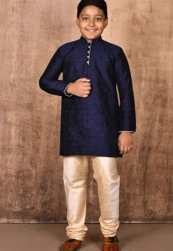 Embroidered Dupion Silk Kurta Set in Navy Blue