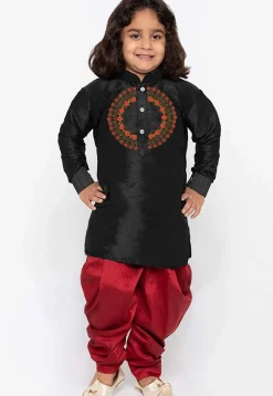 Embroidered Dupion Silk Kurta Set in Black