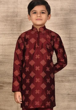 Embroidered Dupion Silk Kurta in Maroon