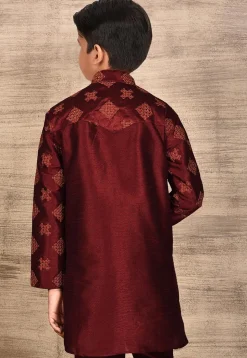 Embroidered Dupion Silk Kurta in Maroon