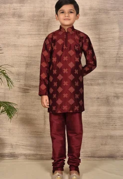Embroidered Dupion Silk Kurta in Maroon