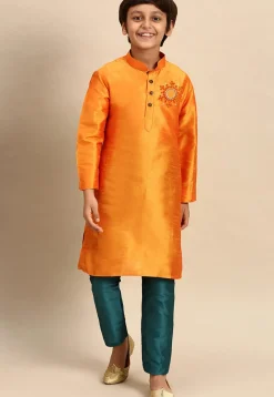 Embroidered Dupion Silk Kurta Set in Orange