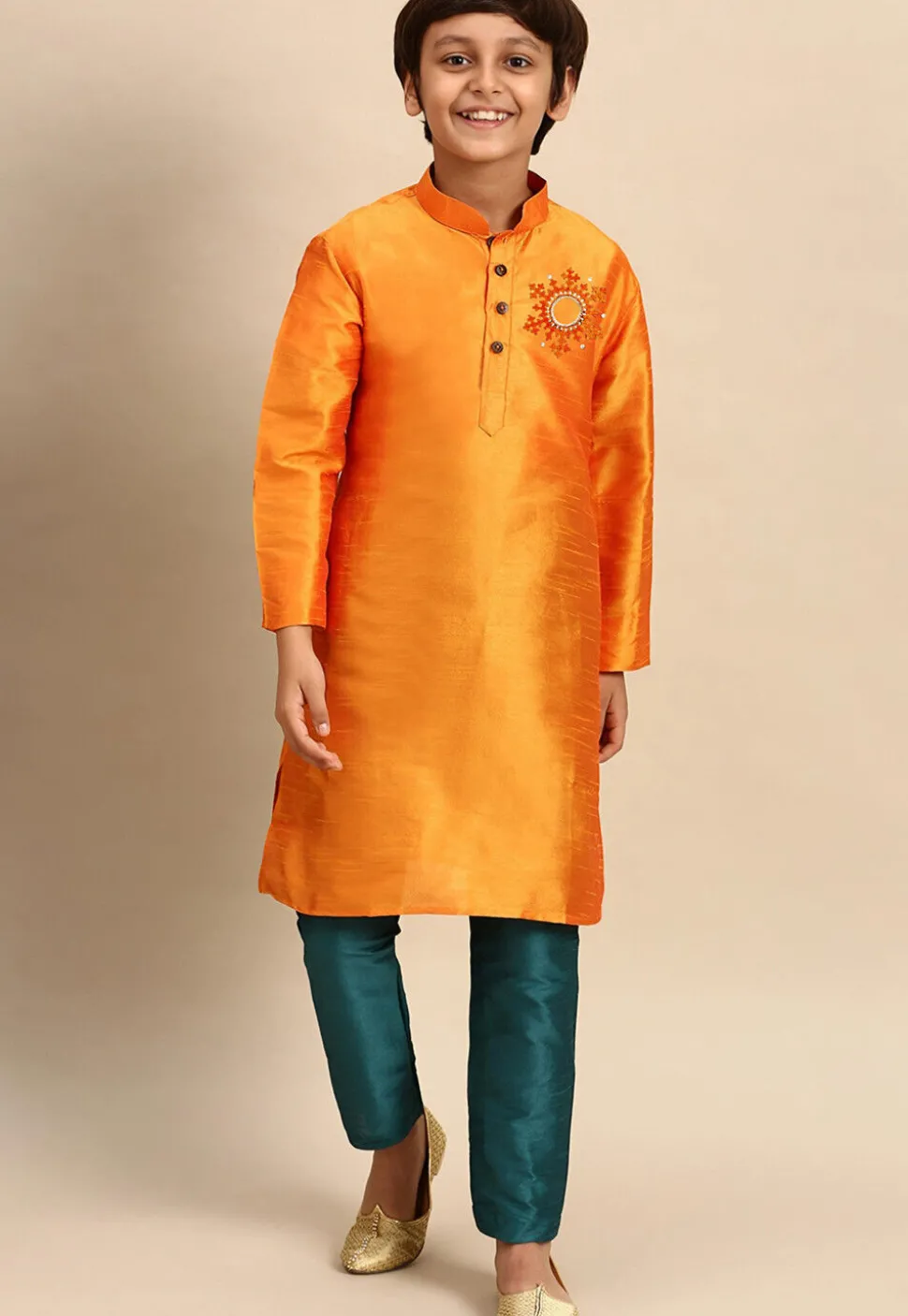 Embroidered Dupion Silk Kurta Set in Orange