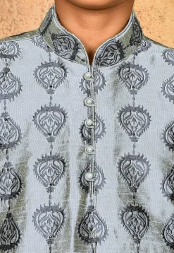 Embroidered Dupion Silk Kurta Set in Grey