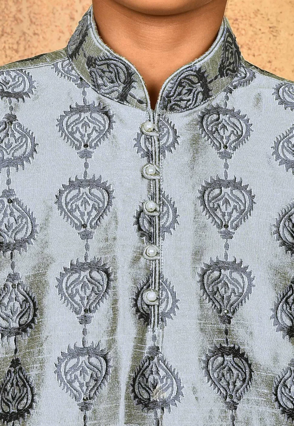 Embroidered Dupion Silk Kurta Set in Grey