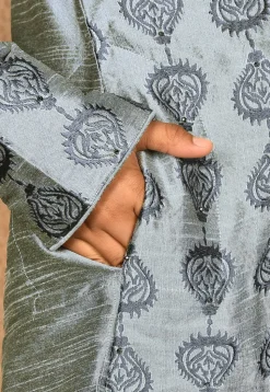 Embroidered Dupion Silk Kurta Set in Grey