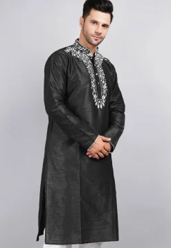 Embroidered Dupion Silk Kurta in Black