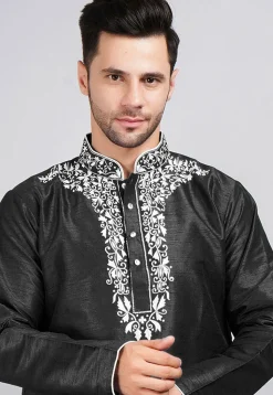 Embroidered Dupion Silk Kurta in Black