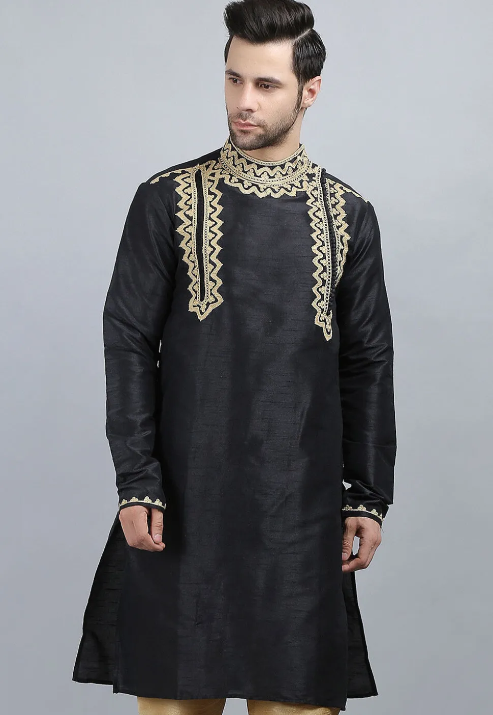 Embroidered Dupion Silk Kurta in Black