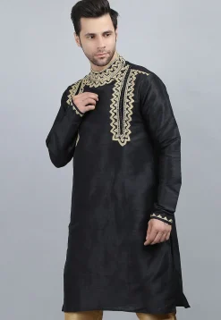 Embroidered Dupion Silk Kurta in Black