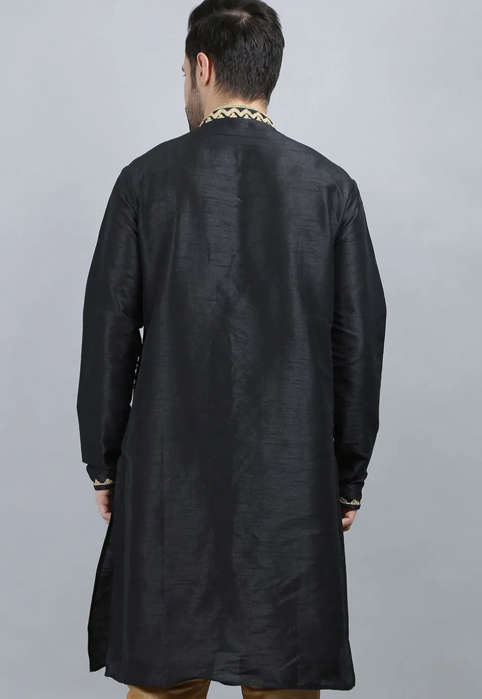 Embroidered Dupion Silk Kurta in Black