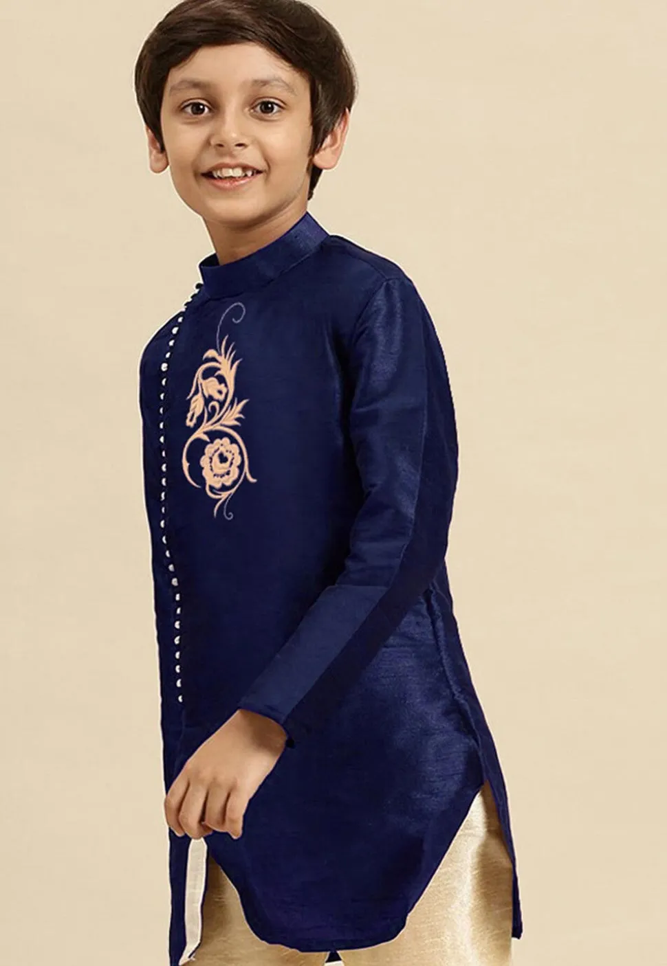 Embroidered Dupion Silk Kurta in Navy Blue