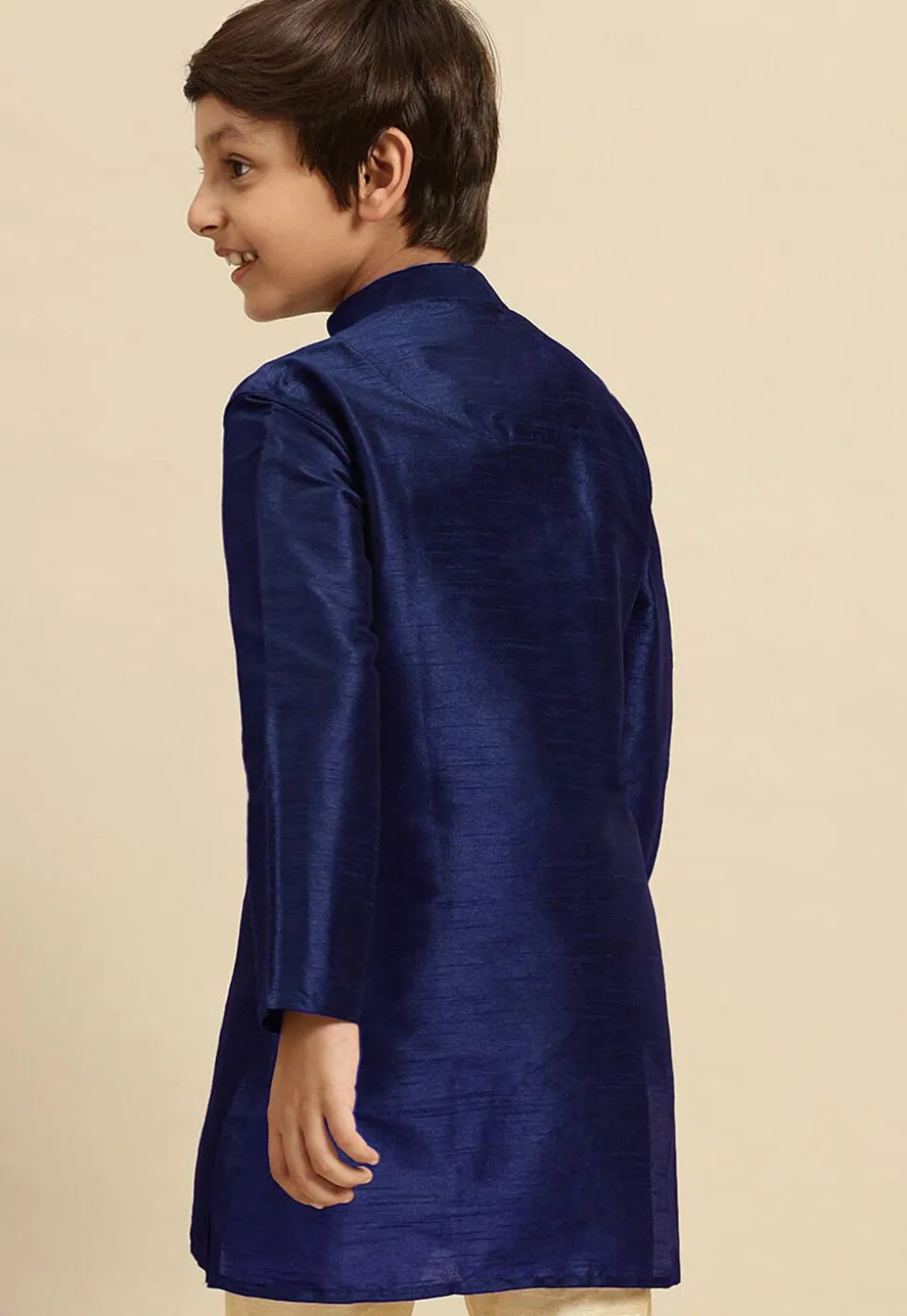 Embroidered Dupion Silk Kurta in Navy Blue
