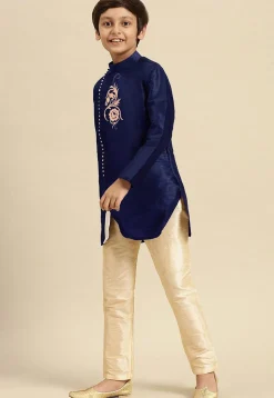 Embroidered Dupion Silk Kurta in Navy Blue