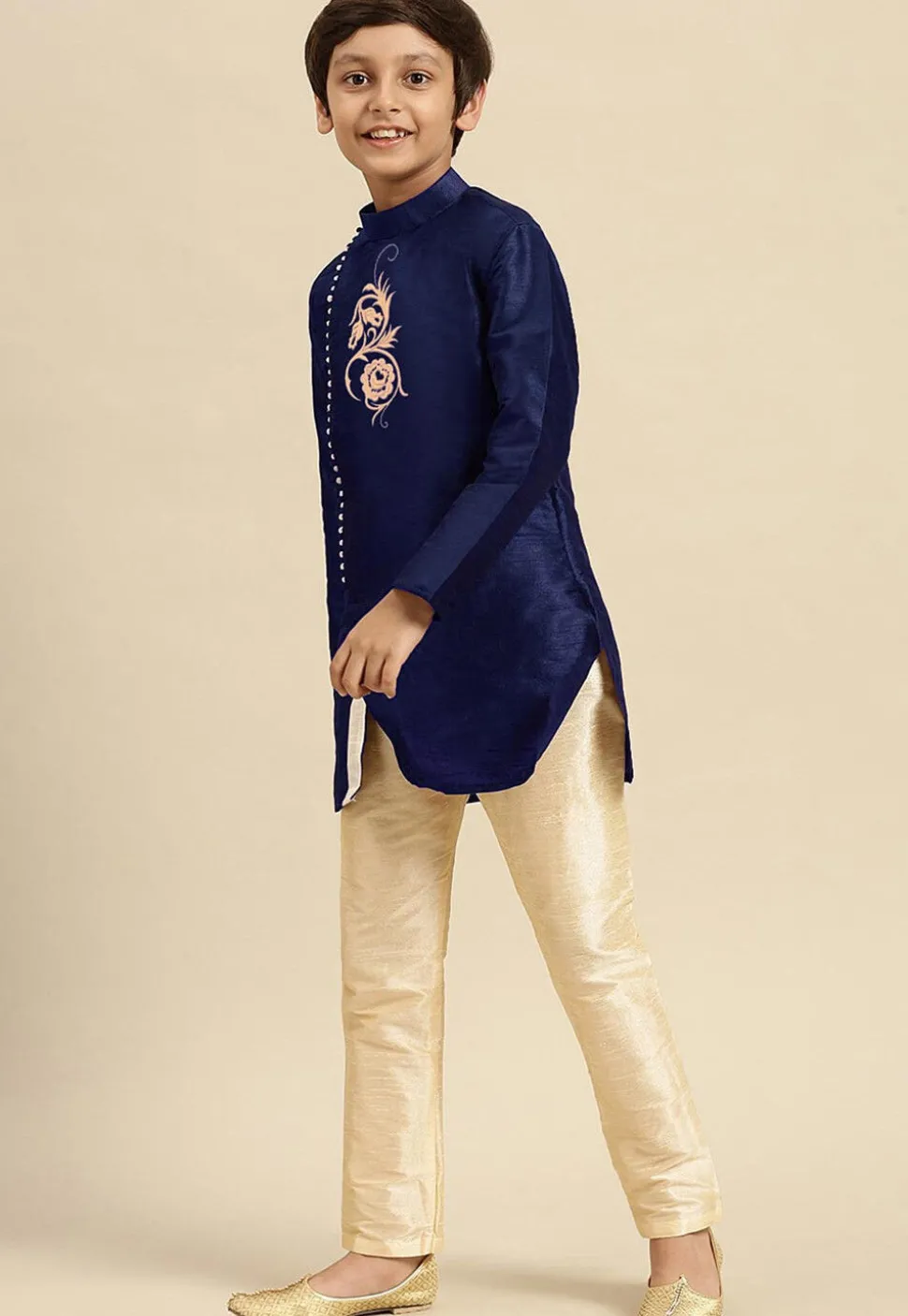 Embroidered Dupion Silk Kurta in Navy Blue